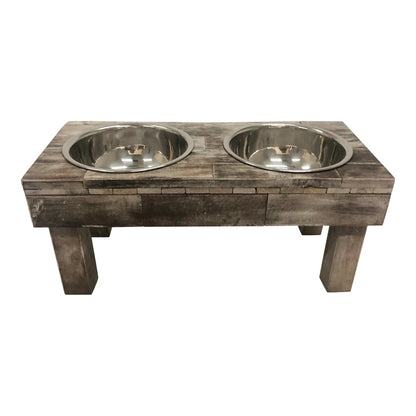 Elevated Double Bowl Pet Feeder, Brown Wash