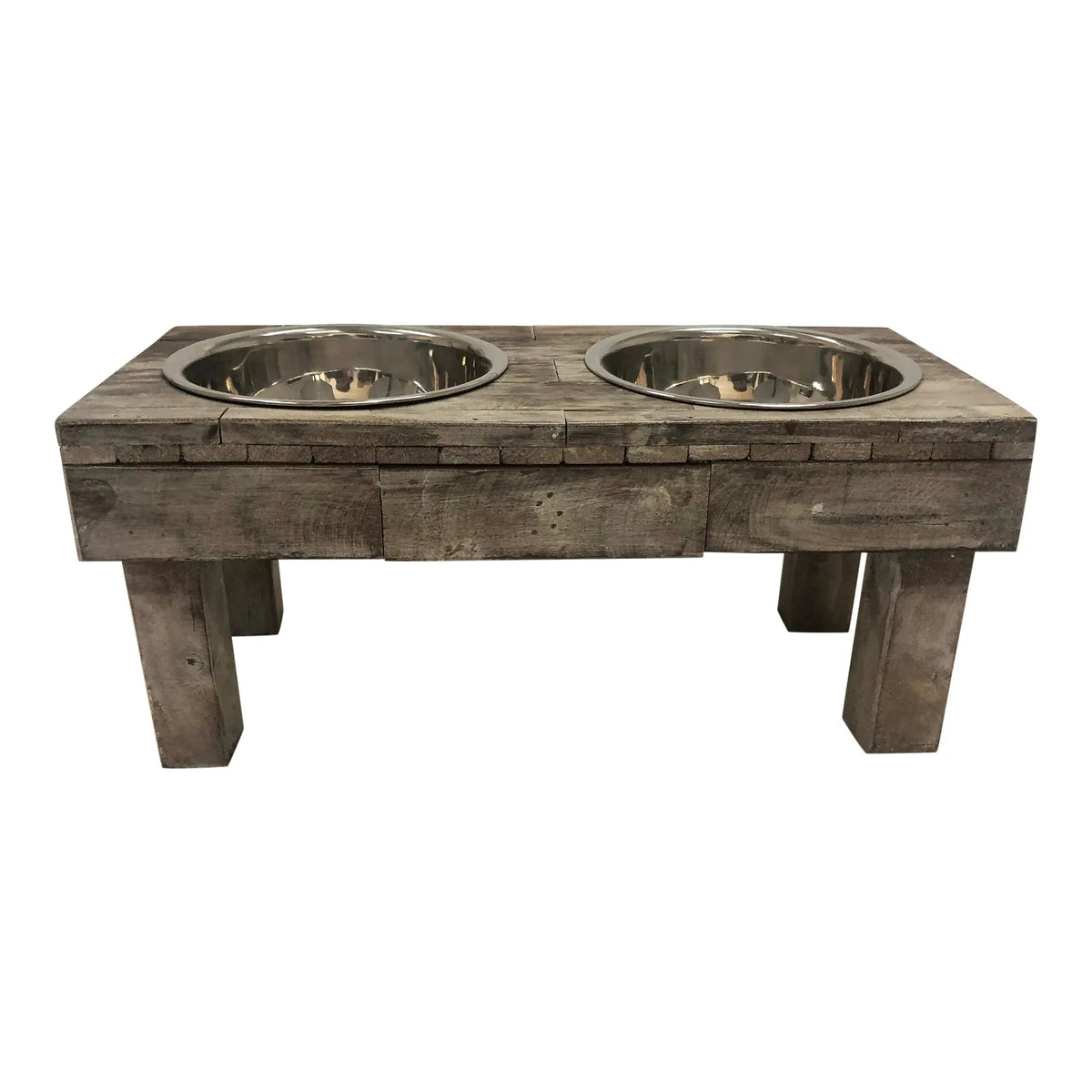 Elevated Double Bowl Pet Feeder, Brown Wash