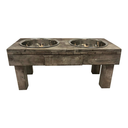 Elevated Double Bowl Pet Feeder, Brown Wash